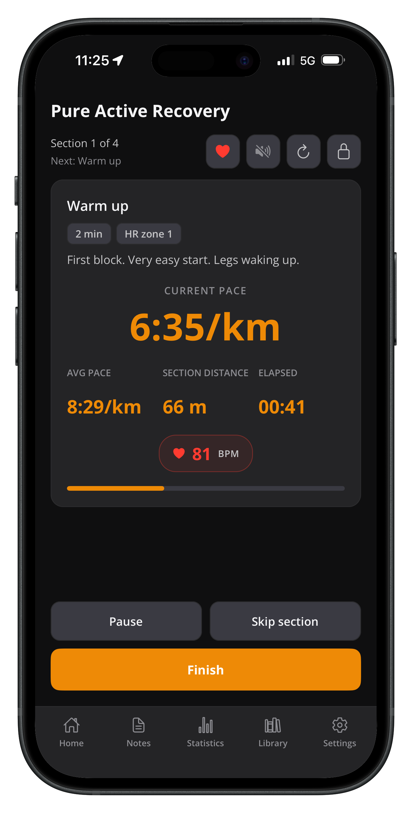 Endurly cardio tracker: live pace, distance and heart-rate zone during a section
