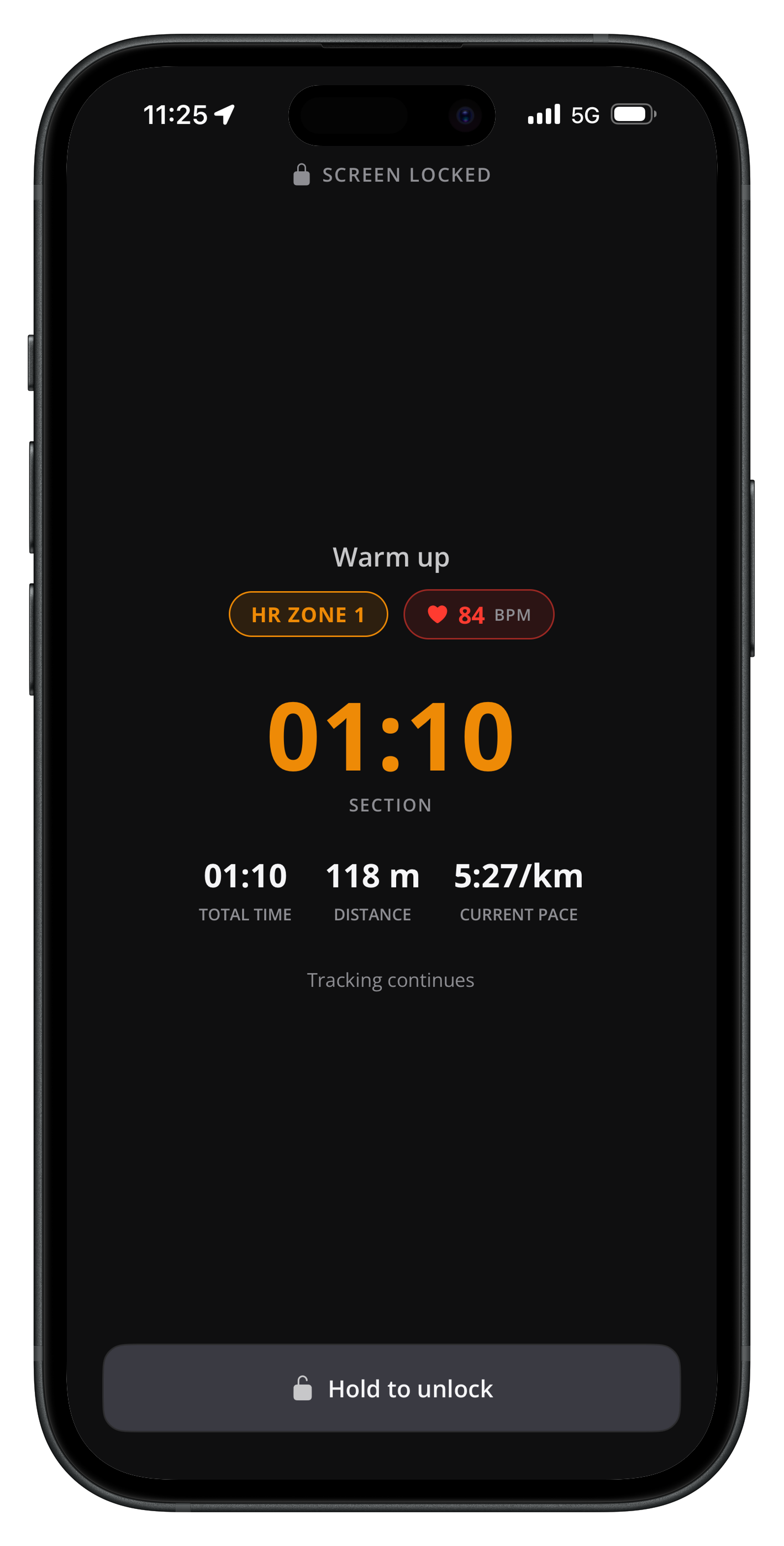 Endurly lock screen: live heart rate and section time stay visible; taps can't pause the workout